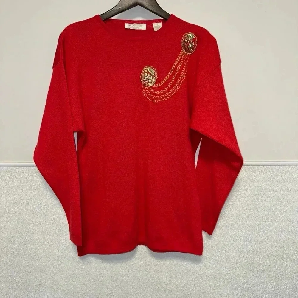 VINTAGE Women's John Henry Editions Sweater L, Red & Gold, Embroidery - Picture 6 of 16